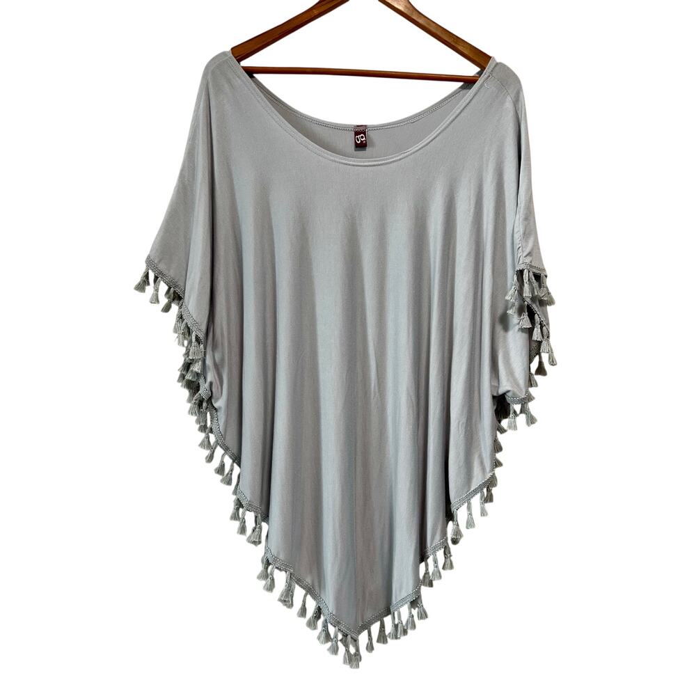 Soft Jersey Tassel Poncho Top Boho Festival Fringe Hem Gray Womens One Size